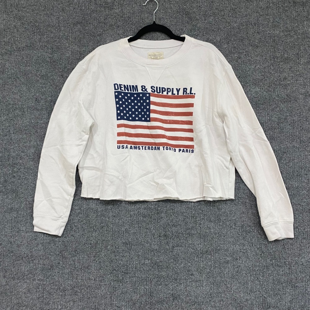 Denim & Supply Ralph Lauren White American Flag Cropped Sweatshirt Womens L